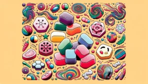 Illustration of muscimol-infused gummies in various flavors and colors. Around them, artistic representations of sensations like relaxation, euphoria, and dizziness are depicted through abstract shapes and patterns.