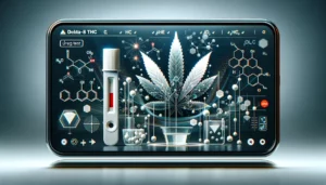 A modern, sleek featured image for a blog post about delta-8 THC and drug tests. The image should include visual elements related to cannabis, urine tests, and molecular structures, blended in a sophisticated and informative design. Include a digital, high-tech theme to represent the analytical nature of drug testing. The image should capture the essence of scientific inquiry and cannabis-related legal considerations, with a color scheme that is professional and engaging.