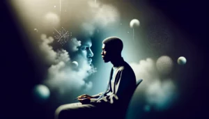 A person reflects on delta 8 pen effects in a serene, vapor-filled room.