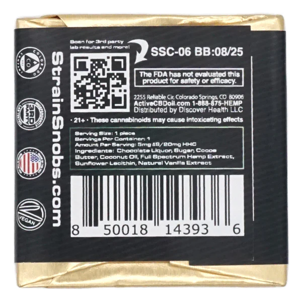 Delta 9 THC/HHC 25 mg Chocolate square back